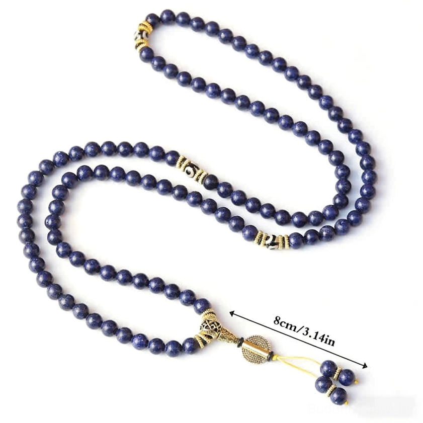 Lapis lazuli Buddhist prayer mala with size reference 8mm beads and gold tassel end piece