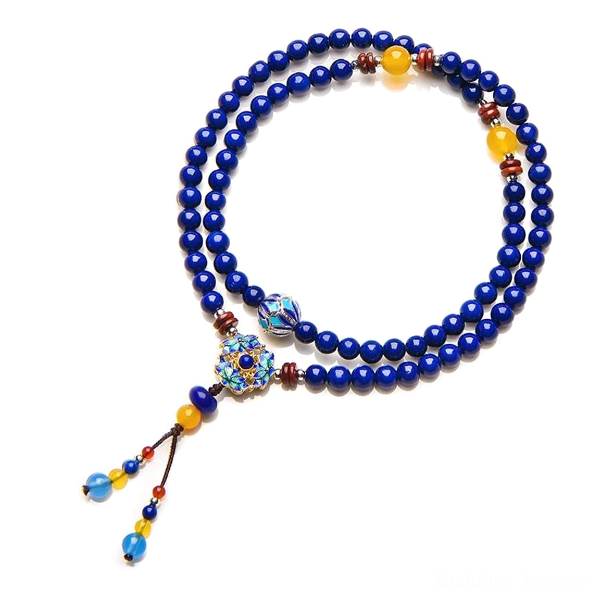 Multi-loop Lapis Lazuli mala bracelet with stacked beaded circular design, tassel pendant and mixed natural gemstone beads, full overhead view