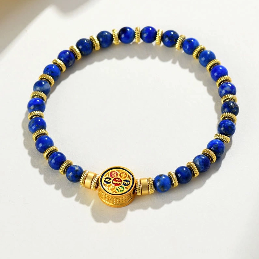 Lapis lazuli om mani padme hum bracelet complete view showing elastic cord quality and craftsmanship