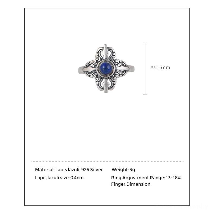 Lapis lazuli ring product specification sheet showing size, material composition, and adjustable range