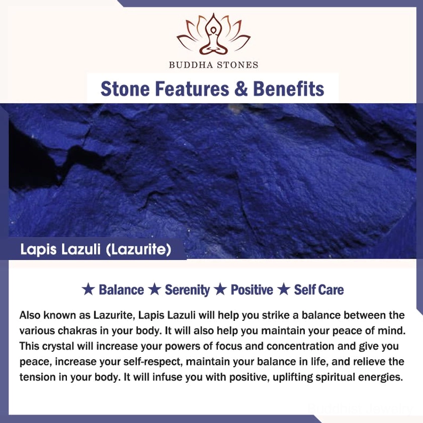 Lapis Lazuli stone benefits card featuring balance, serenity, positive energy, and self-care properties for Buddhist spiritual practice