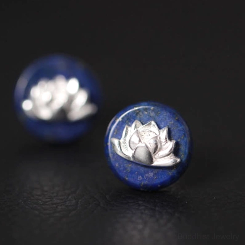 Single lapis lazuli lotus stud earring front close-up showing intricate silver lotus design