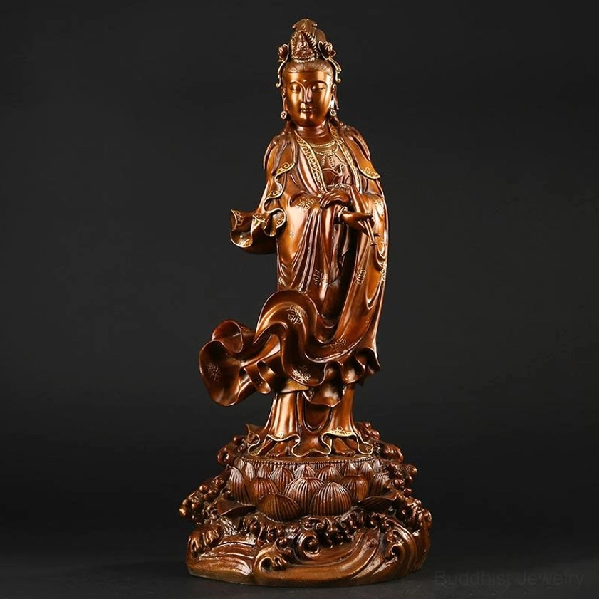 Large Avalokitesvara Guan Yin handcrafted copper statue with intricate carved base and traditional Buddhist robes