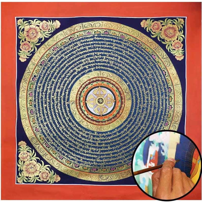 Large circular mantra thangka with floral corner ornaments and dense gold Sanskrit text – traditional Buddhist sacred art scroll