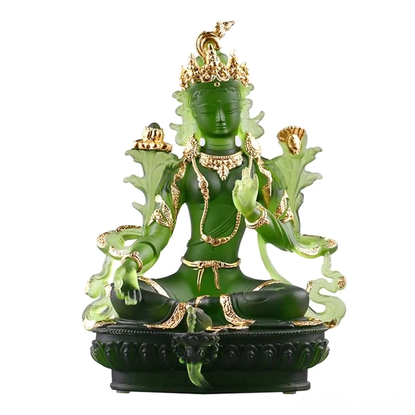 Large gold-accented Green Tara Buddha statue 16x9.5x22cm premium Liuli crystal with ornate crown and Buddhist jewelry