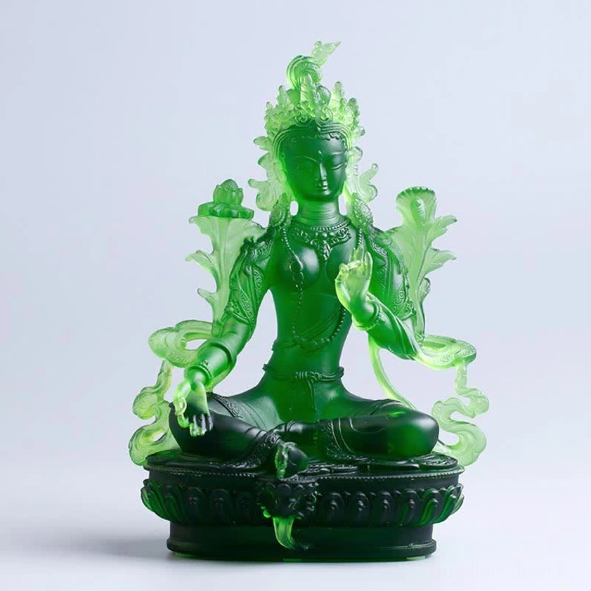 Large Green Tara Buddha statue 16x9.5x22cm front view, premium Liuli crystal for altar and spiritual sanctuary display