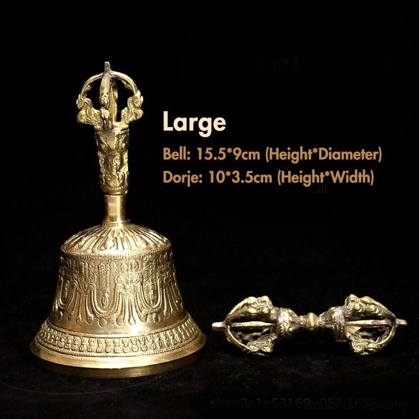 Large handcrafted Buddhist meditation bell and vajra dorje set copper premium quality ritual instruments