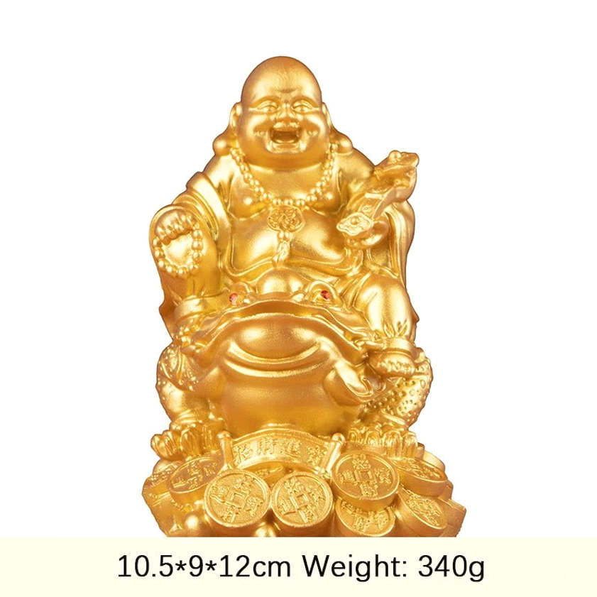 Large Laughing Buddha wealth toad statue 10.5cm golden with red accents