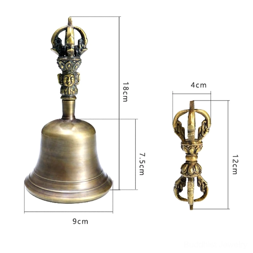 Large handmade meditation bell and vajra dorje set with traditional Himalayan craftsmanship and antique bronze finish