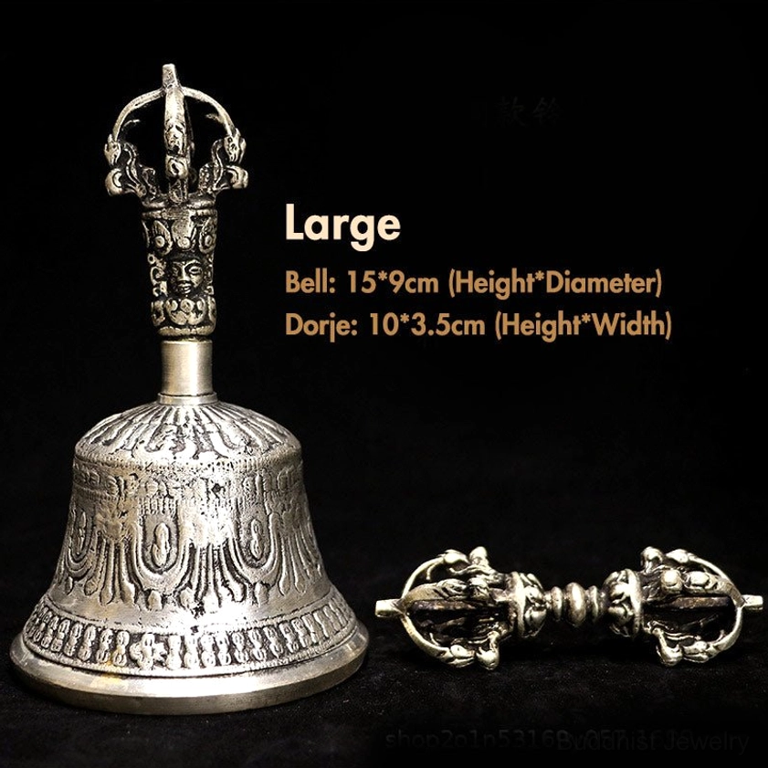 Large size Buddhist meditation bell and vajra dorje set front view marked with size specifications and traditional metalwork