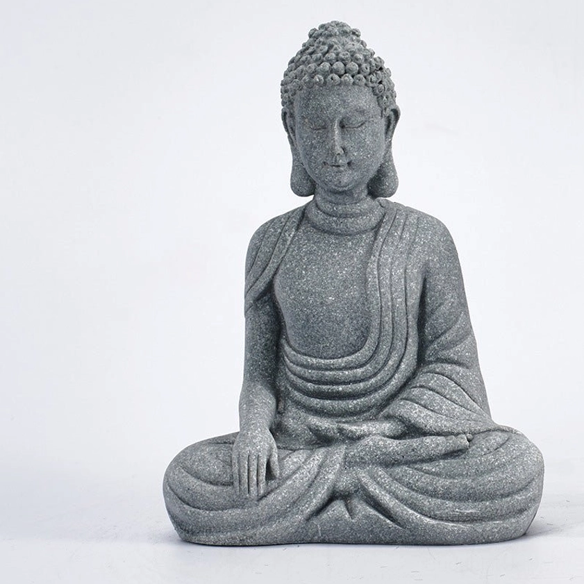 Large sitting Buddha statue in natural grey sandstone, perfect for meditation room and spiritual sanctuary decoration