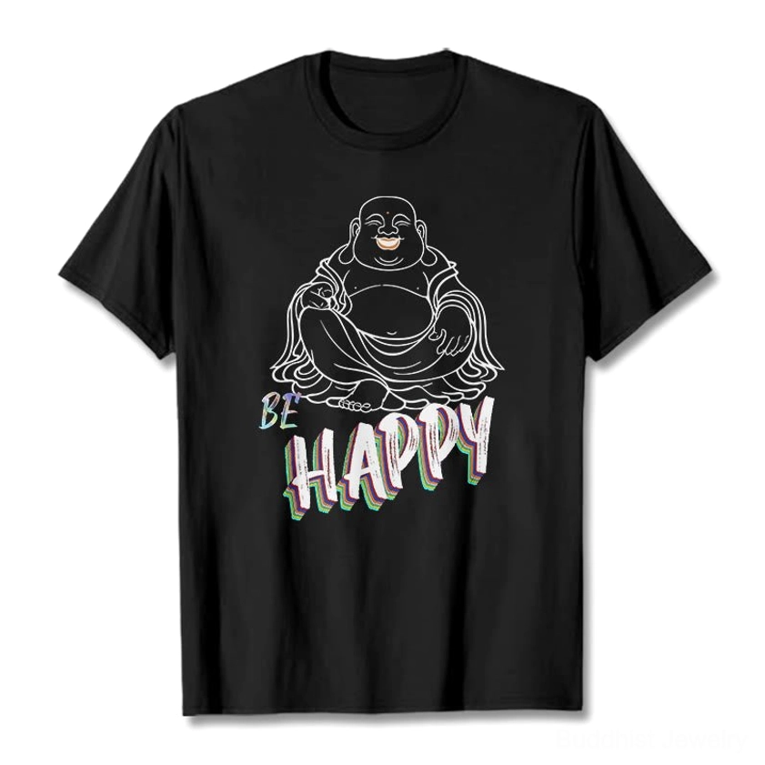 Laughing Buddha BE HAPPY graphic tee black cotton flat lay front design
