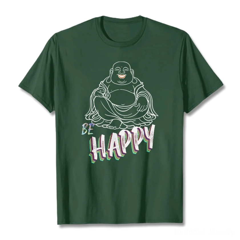 BE HAPPY Laughing Buddha light cyan graphic tee flat lay design spiritual wear