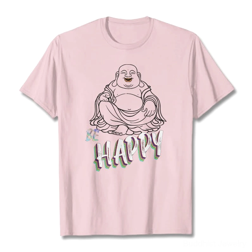 Plum color Laughing Buddha BE HAPPY t-shirt flat lay front view line art print