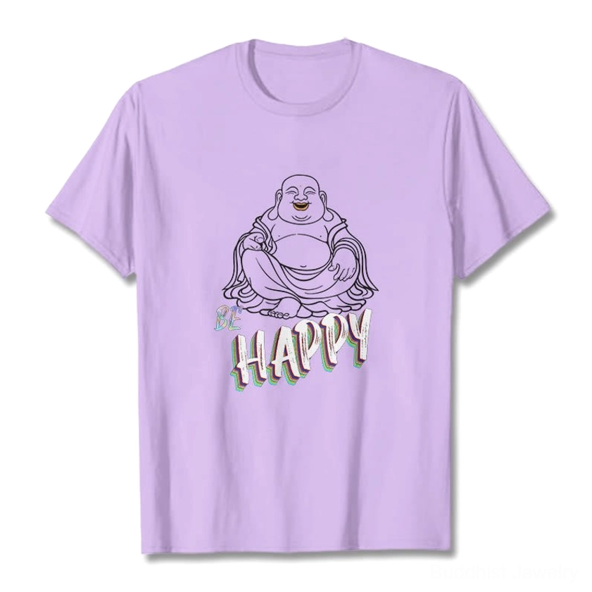 Plum Laughing Buddha BE HAPPY graphic t-shirt comfortable daily wear spiritual reminder