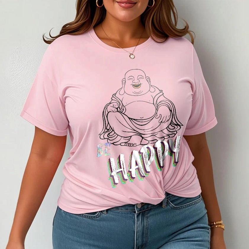 Male model plum purple Laughing Buddha BE HAPPY graphic tee spiritual fashion