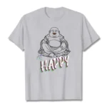 Laughing Buddha BE HAPPY graphic t-shirt heather grey flat lay front view minimalist design