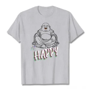 Laughing Buddha BE HAPPY graphic t-shirt heather grey flat lay front view minimalist design