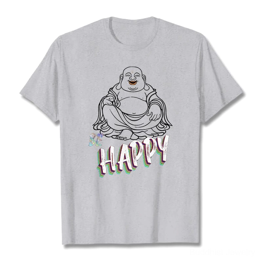 Laughing Buddha BE HAPPY graphic t-shirt heather grey flat lay front view minimalist design