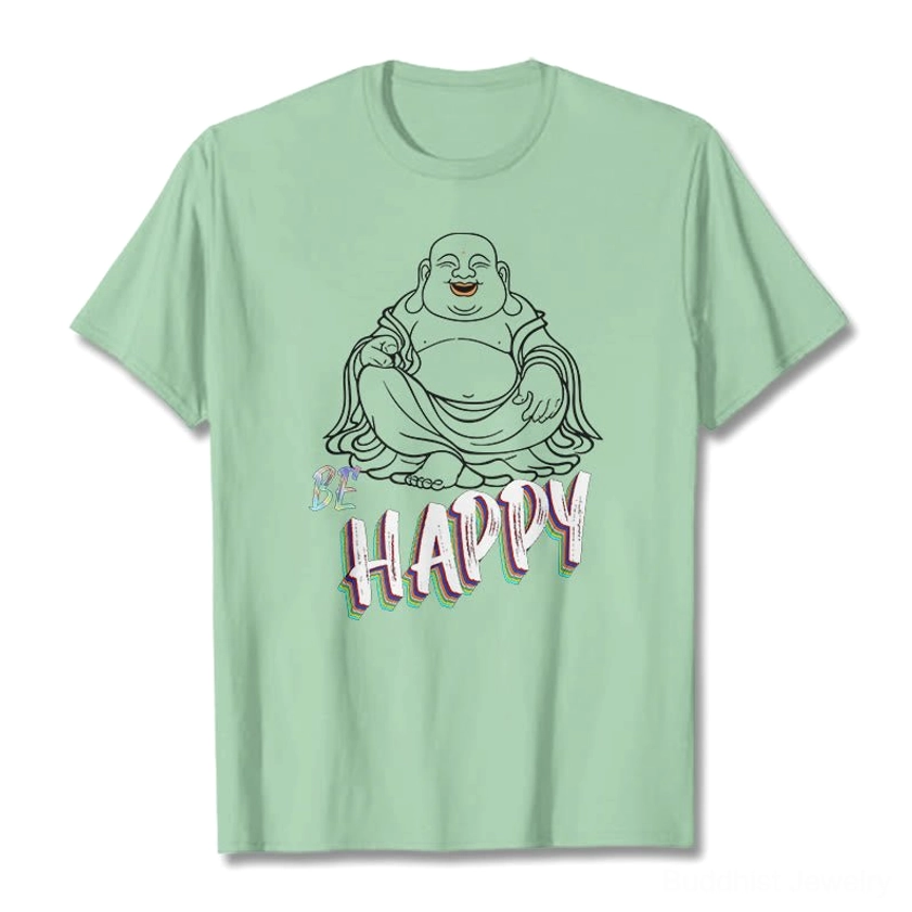Laughing Buddha BE HAPPY t-shirt size chart measurements guide all colors available
