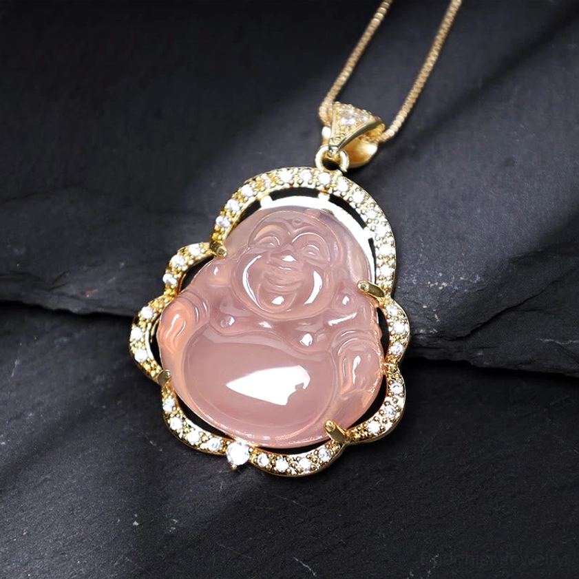 Laughing Buddha Buddhist pendant necklace featuring natural jade and cubic zirconia crown