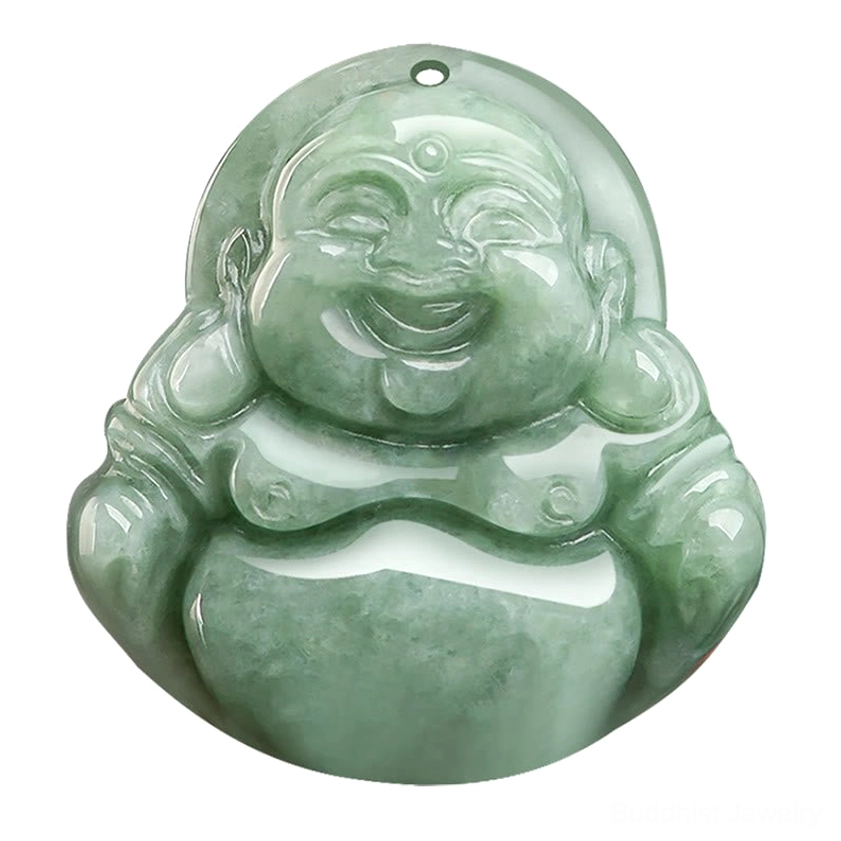 Extreme close-up of intricately carved green jade Laughing Buddha pendant showing fine details and serene facial expression
