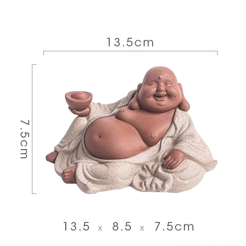 Laughing Buddha ceramic statue close view, prosperity symbol holding ingot, spiritual mindfulness object, home altar art