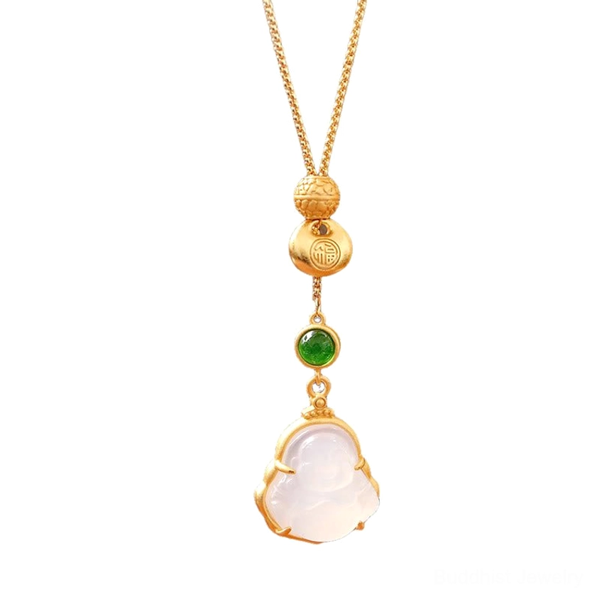 Complete Buddhist necklace setup with full pendant, gold chain, and enclosed white chalcedony Buddha charm centered on neutral background for clear product view