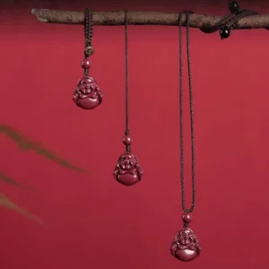 Laughing Buddha cinnabar pendants displayed on red background showing multiple rope styles and colors for necklace, phone charm, and keychain styles