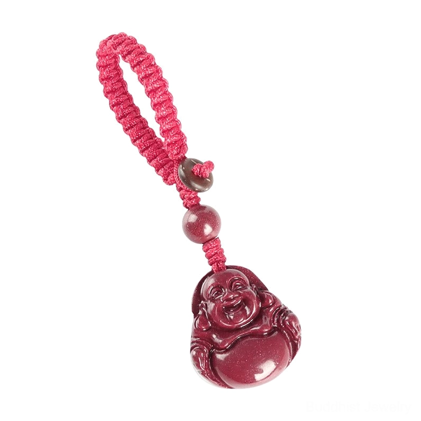 Laughing Buddha cinnabar pendant with authentic Buddhist spiritual energy displayed on traditional black background