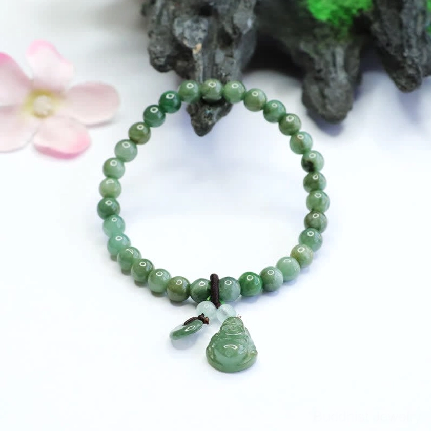 Handcrafted Laughing Buddha Cyan Jade bracelet featuring smooth round 6mm jade beads arranged in overhead flat lay composition