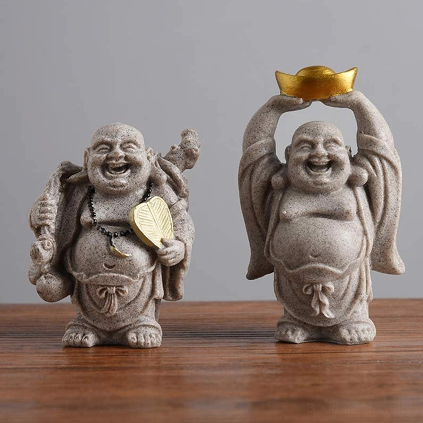Two types of Laughing Buddha figurines with golden ingot and prayer beads, handmade resin statues for spiritual home décor