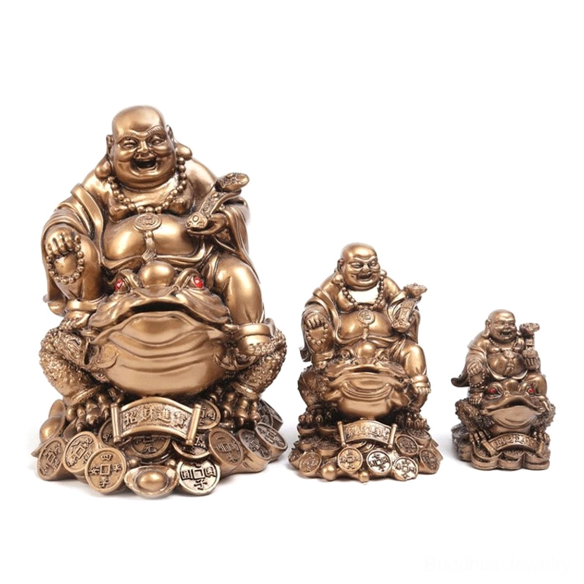 Laughing Buddha feng shui toad ornament bronze antique finish side angle view