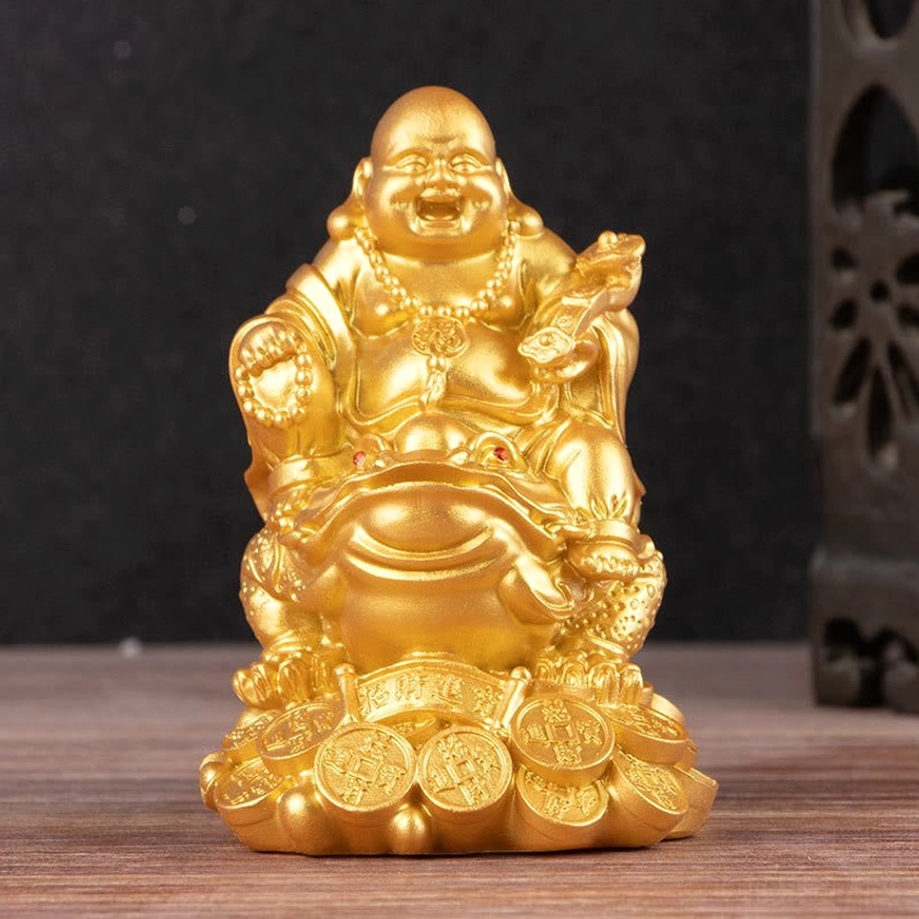 Laughing Buddha feng shui toad statue with copper coins base golden finish front view