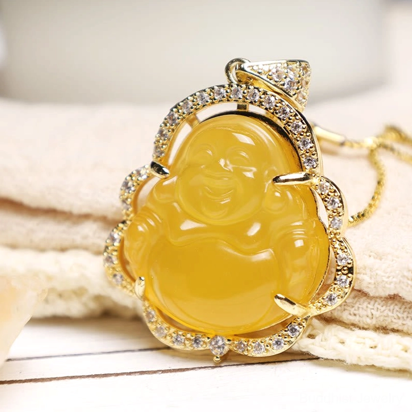 Buddhist laughing Buddha pendant necklace with gemstone healing properties for abundance