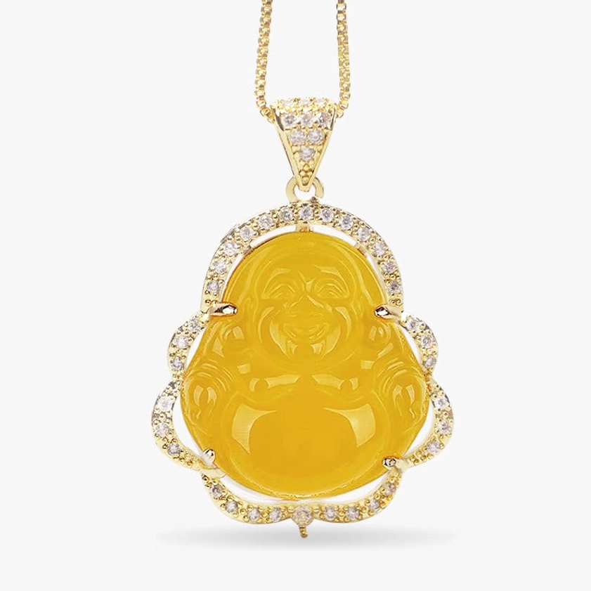 Golden laughing Buddha jade necklace with citrine and yellow crystal for wealth attraction