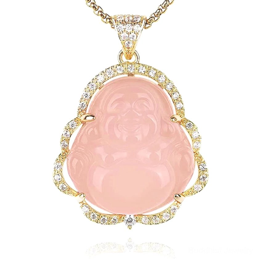Golden laughing Buddha necklace with pink jade crystal for love and abundance, pendant close-up