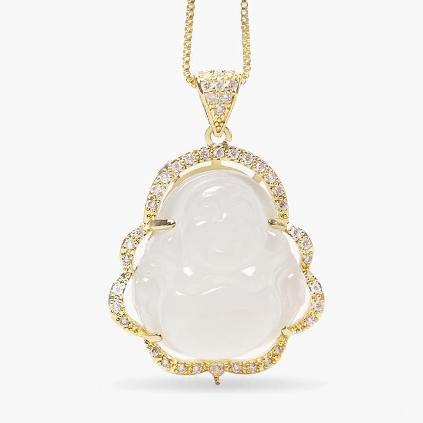 Golden laughing Buddha necklace with white jade crystal for protection and good luck