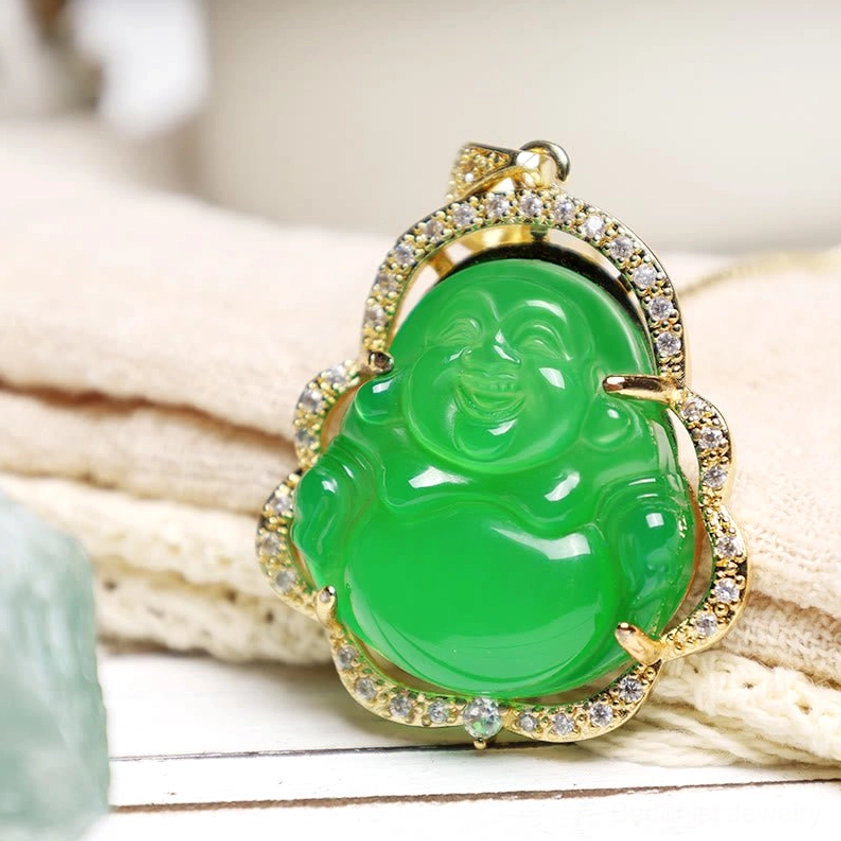 Gold laughing Buddha pendant necklace with green jade and four-claw cubic zirconia setting, close-up detail shot