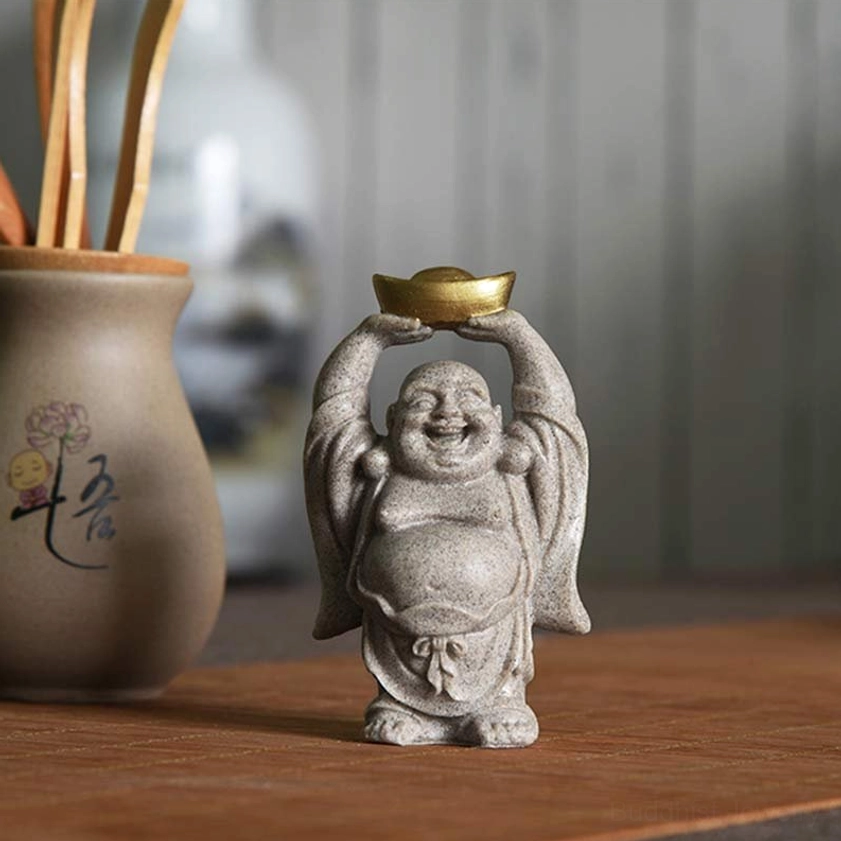 Handmade Laughing Buddha statue with golden ingot and smiling face, artistic resin sculpture for meditation space