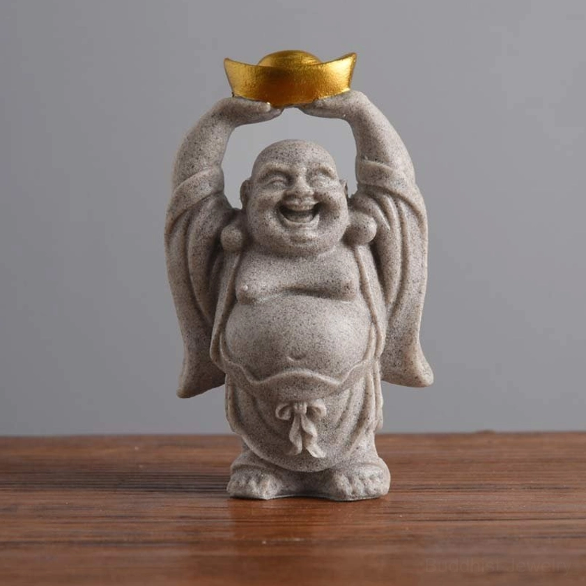 Laughing Buddha resin statue front view with golden ingot, matte sandy gray finish handcrafted sculpture