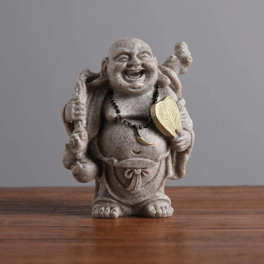Laughing Buddha figurine with gourd and prayer beads, handmade resin statue for spiritual home blessing