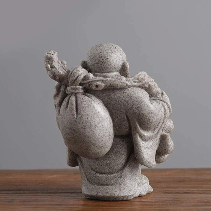 Laughing Buddha back view carrying gourd and sack, handmade resin sculpture showing traditional symbolic elements