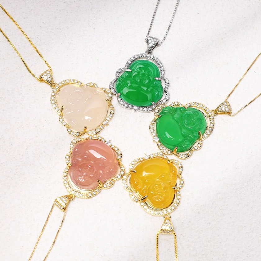 Buddhist laughing Buddha handmade jade necklace showing natural stone characteristics and craftsmanship
