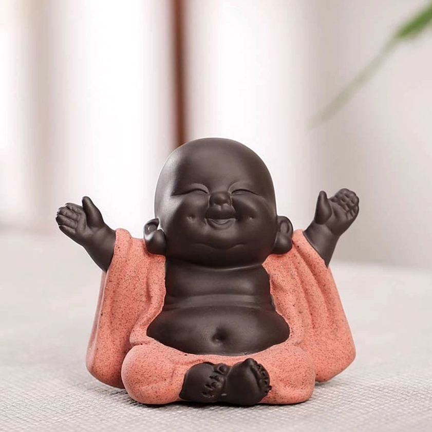 Happy Maitreya Buddha statue front view with raised hands and serene smile, displayed on linen background for prosperity and abundance