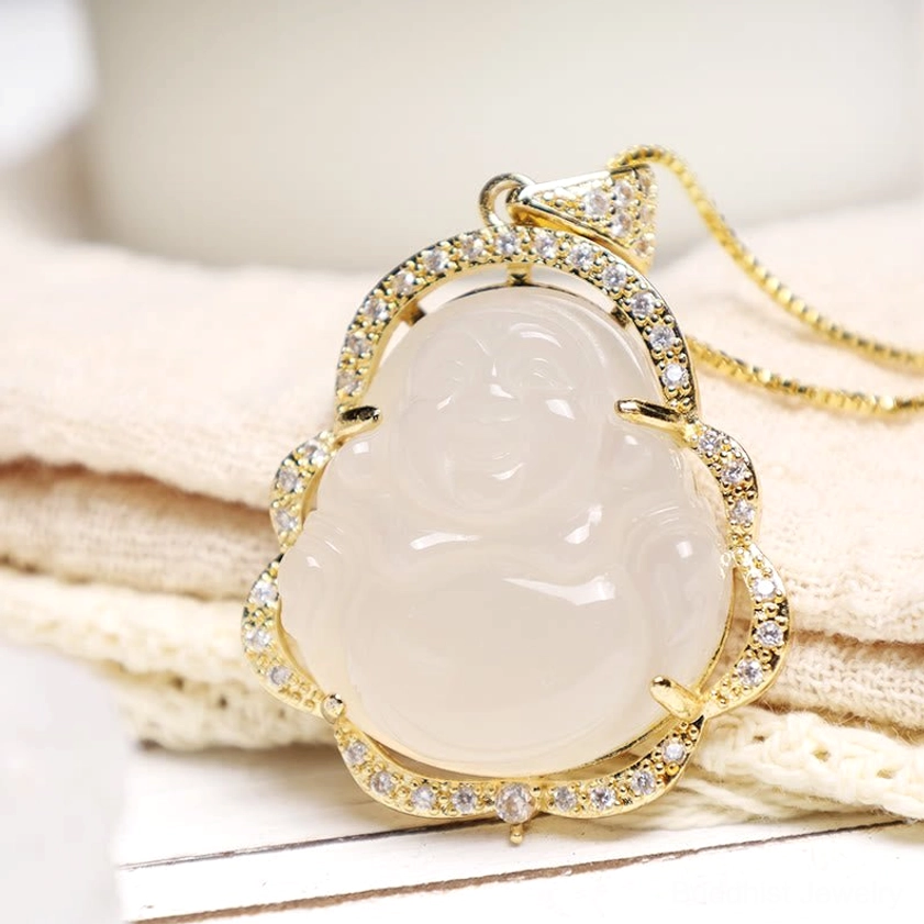 Handmade laughing Buddha necklace combining jade with healing crystals for spiritual wellness