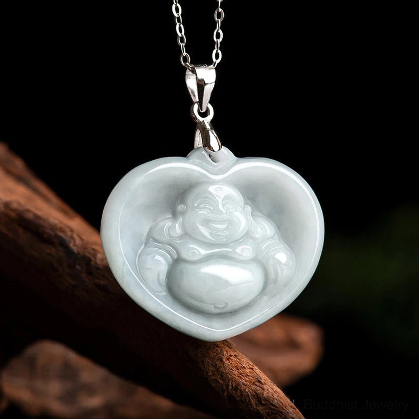 White jade Buddhist heart pendant necklace packaging and gift presentation for prosperity and joy