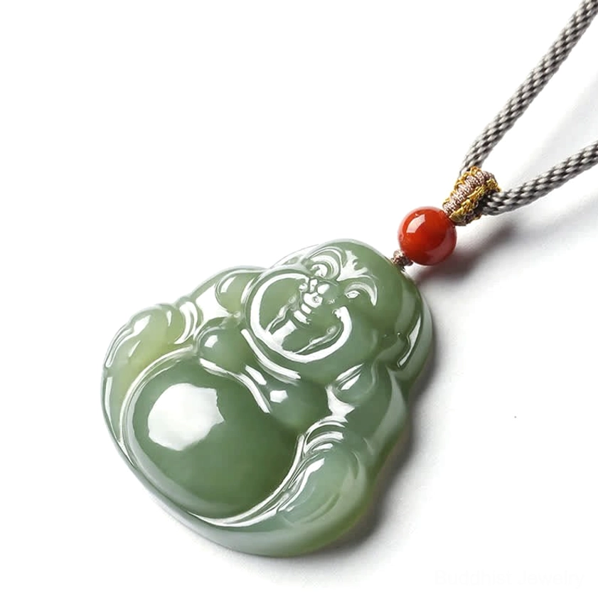 Laughing Buddha Hetian jade pendant necklace full 3D view with grey braided cord and red bead on white background