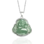 Laughing Buddha jade necklace pendant with diamond halo setting on white background, front view showing emerald green jade carving and silver-toned titanium steel chain