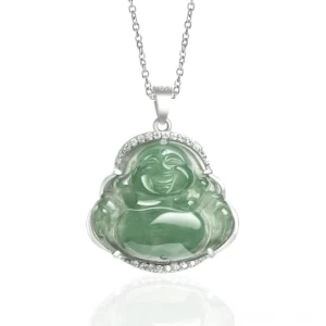 Laughing Buddha jade necklace pendant with diamond halo setting on white background, front view showing emerald green jade carving and silver-toned titanium steel chain